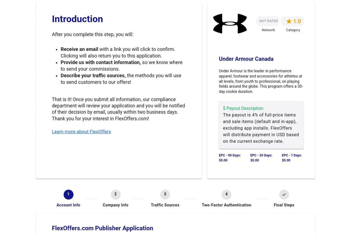 Under Armour Canada affiliate program signup page