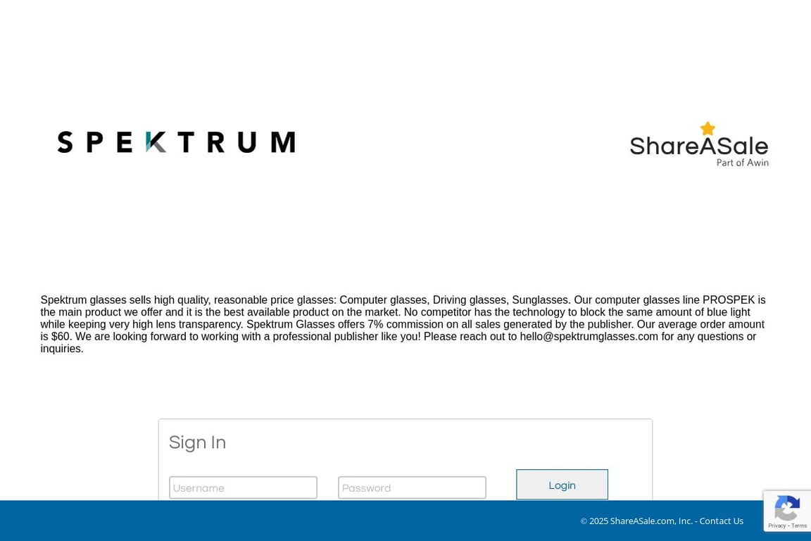 Spektrum Glasses affiliate program signup page
