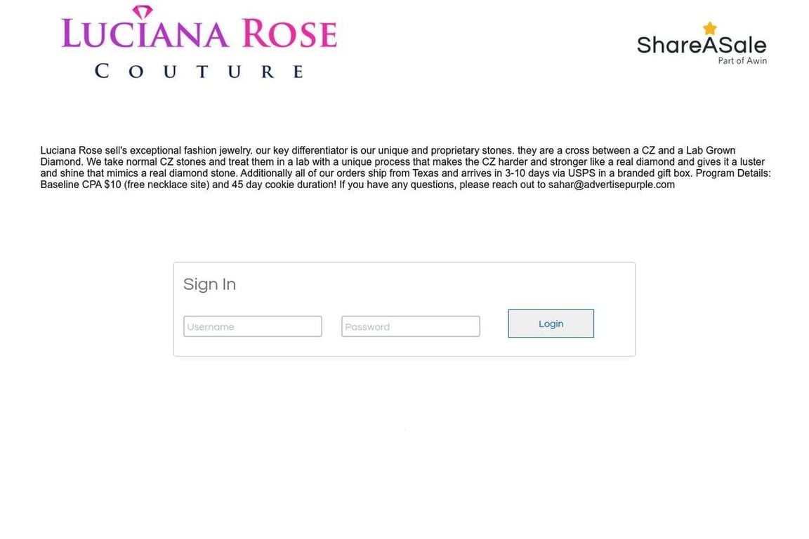 Luciana Rose affiliate program signup page