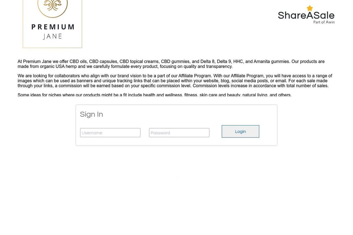 Premium Jane affiliate program signup page