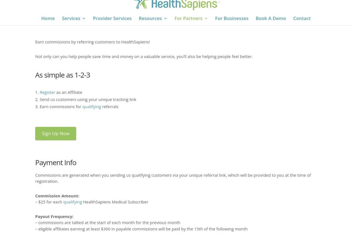 Health Sapiens affiliate program signup page