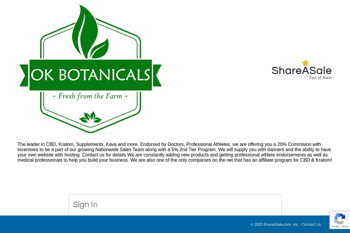 OK Botanicals affiliate program signup page