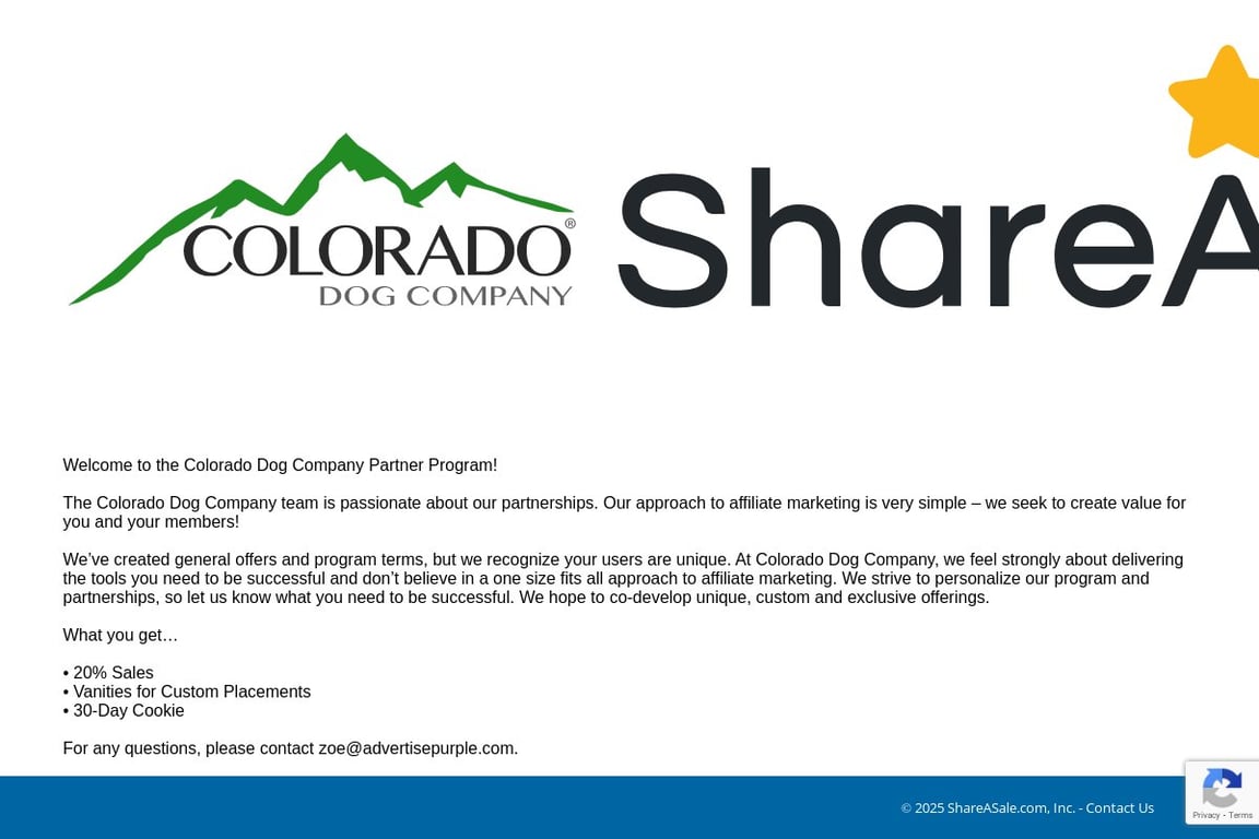 Colorado Dog Company affiliate program signup page