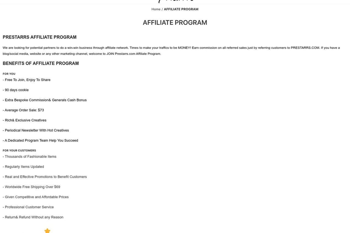 Prestarrs Inc affiliate program signup page