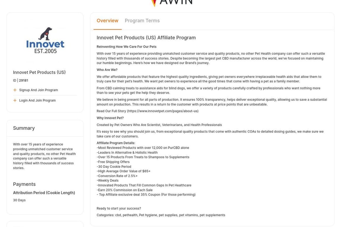 Innovet Pet affiliate program signup page