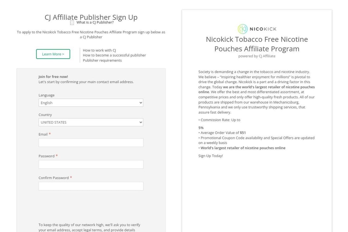 Nicokick Tobacco affiliate program signup page