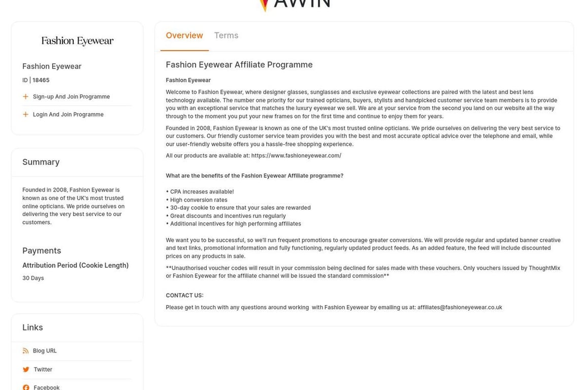 Fashion Eyewear (UK) affiliate program signup page