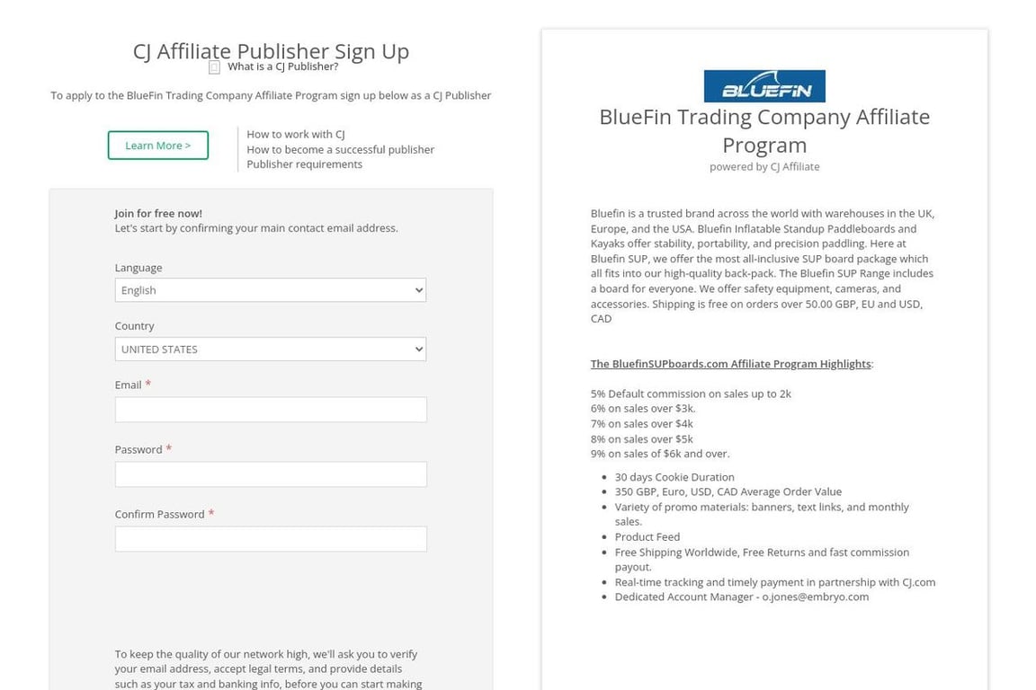 Bluefin SUP (US) affiliate program signup page