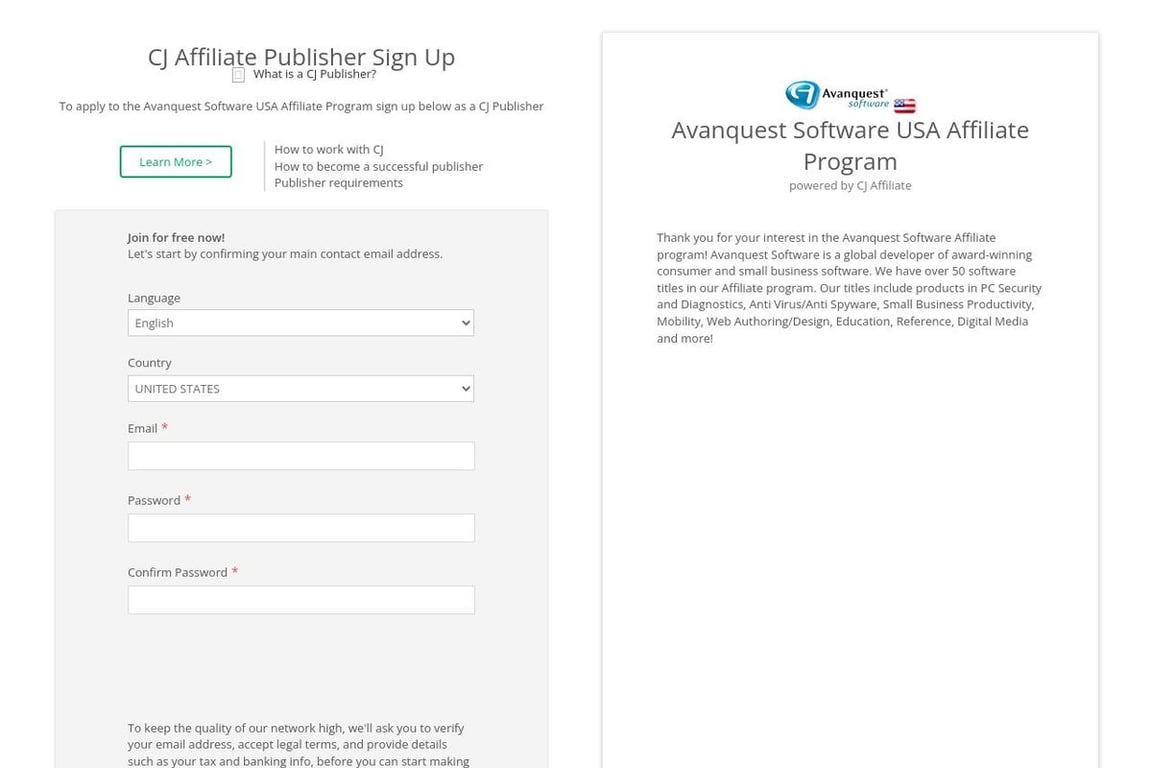 Avanquest Software affiliate program signup page