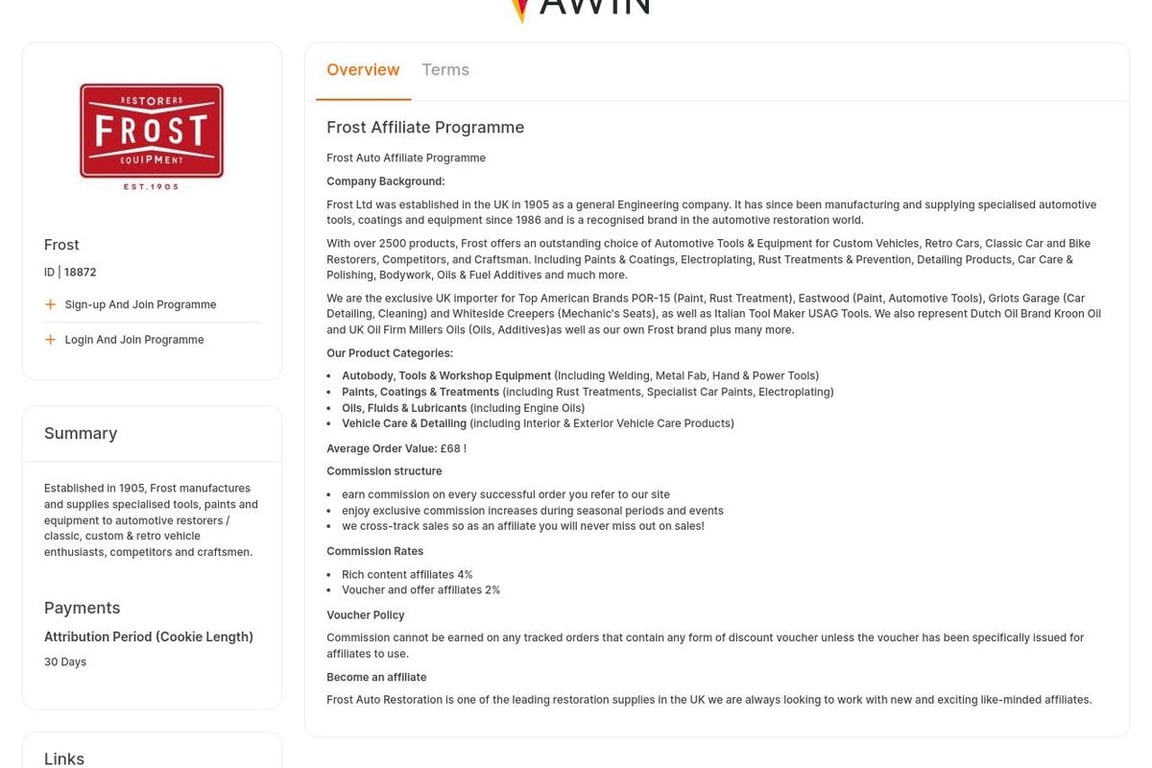 Frost affiliate program signup page