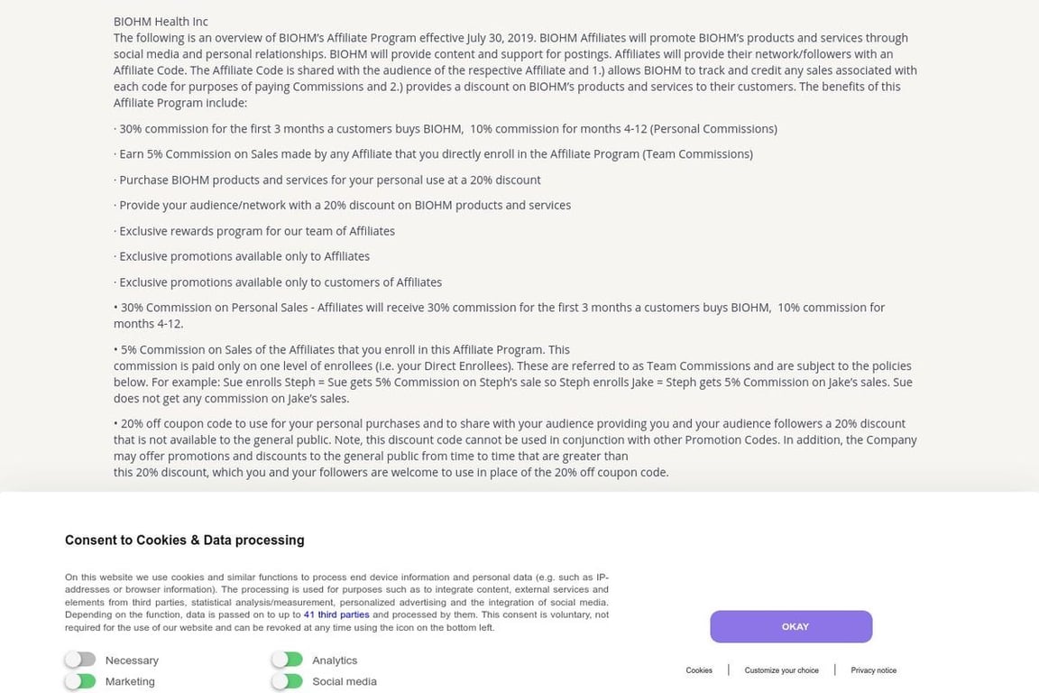 Biohm Health affiliate program signup page
