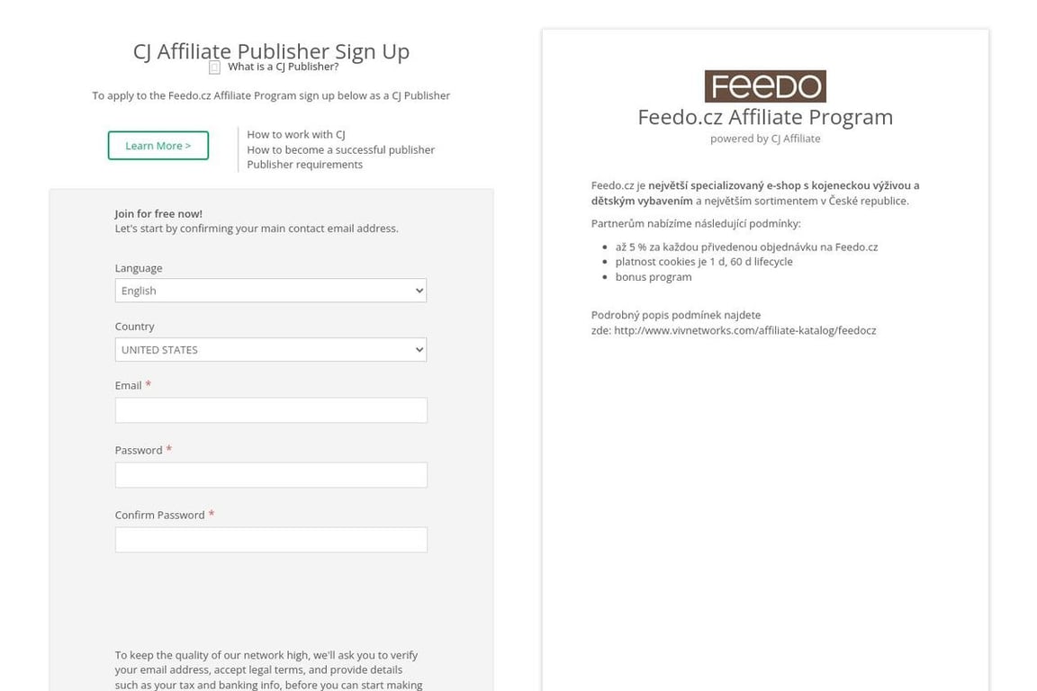 Feedo affiliate program signup page