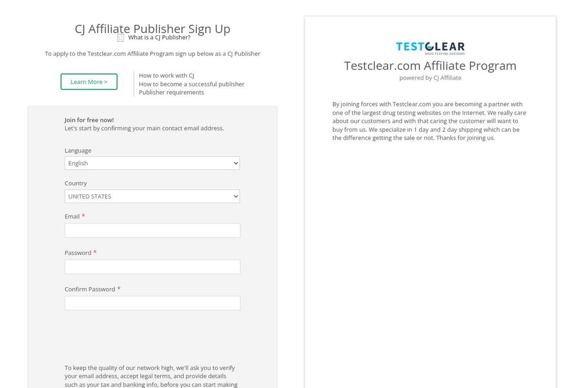 Testclear.com affiliate program signup page