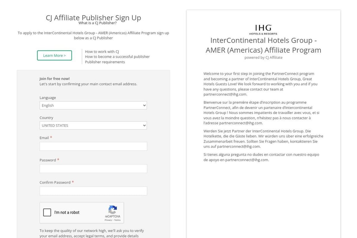 IHG affiliate program signup page