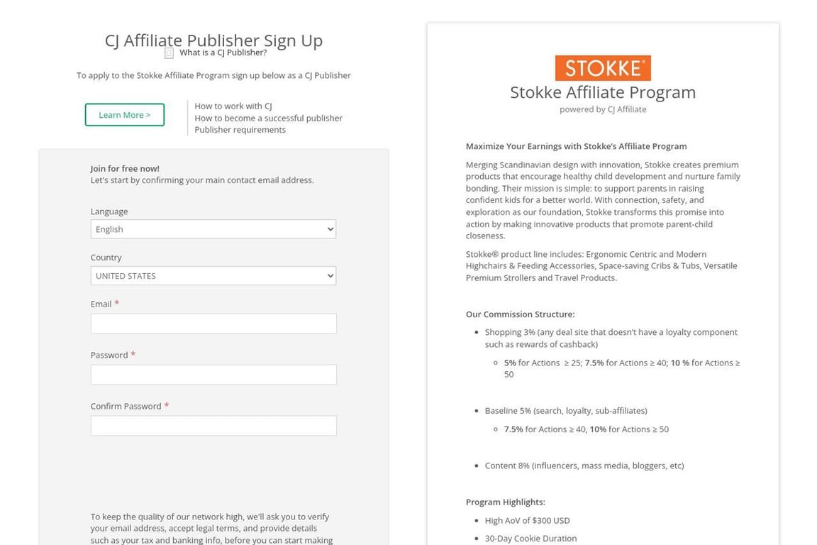 Stokke affiliate program signup page