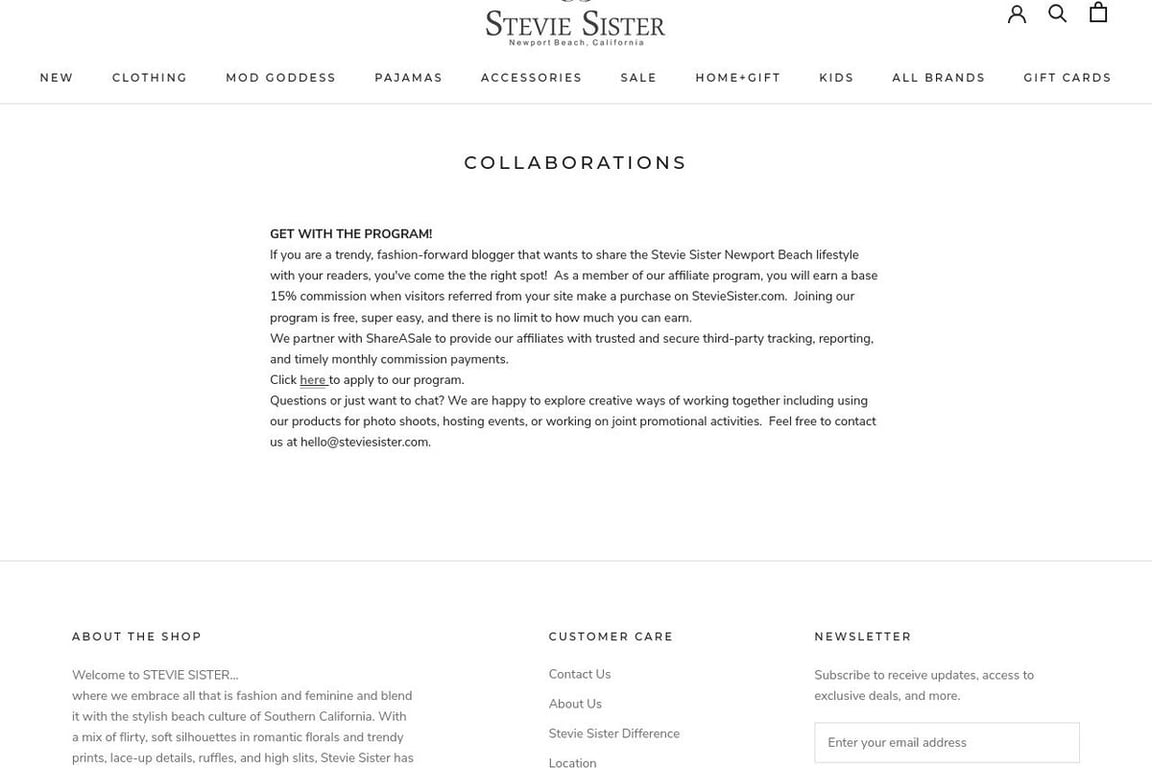 Stevie Sister affiliate program signup page