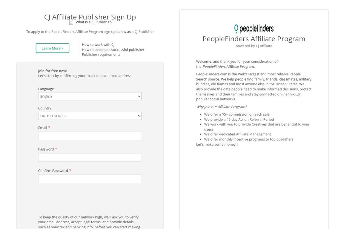 PeopleFinders affiliate program signup page