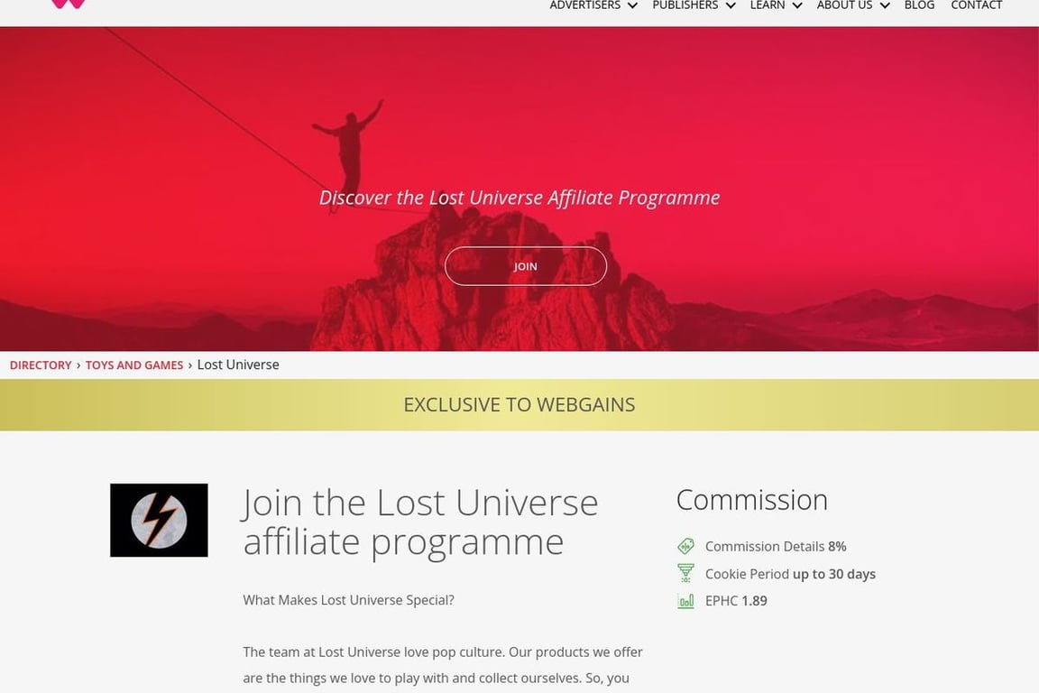 Lost Universe affiliate program signup page