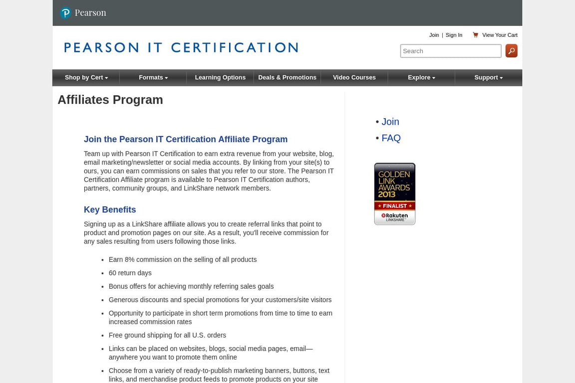 Pearson IT Certification affiliate program signup page