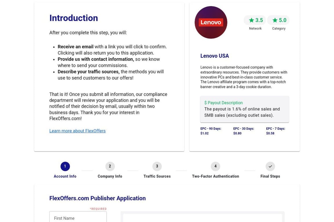 Lenovo USA affiliate program signup page