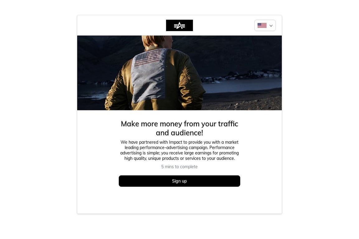 Alpha Industries affiliate program signup page