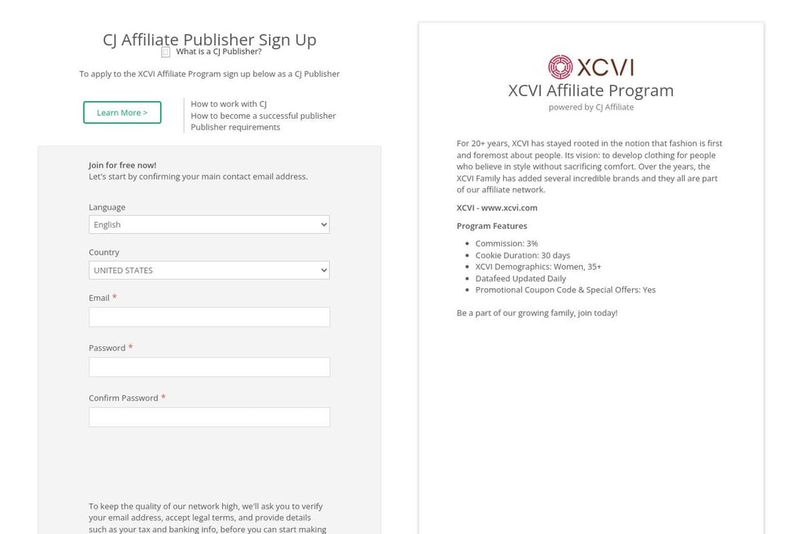XCVI affiliate program signup page