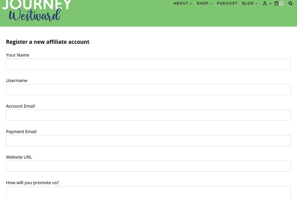 Our Journey Westward affiliate program signup page