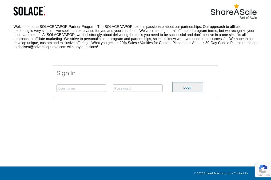 Solace Vapor affiliate program signup page