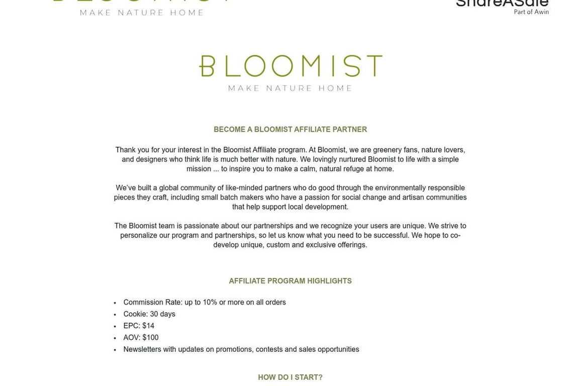 Bloomist, Inc affiliate program signup page