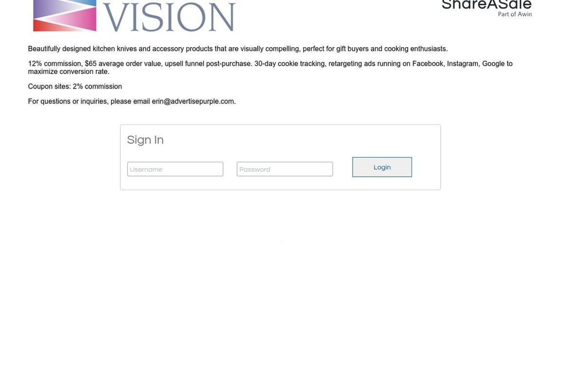 Chef’s Vision affiliate program signup page