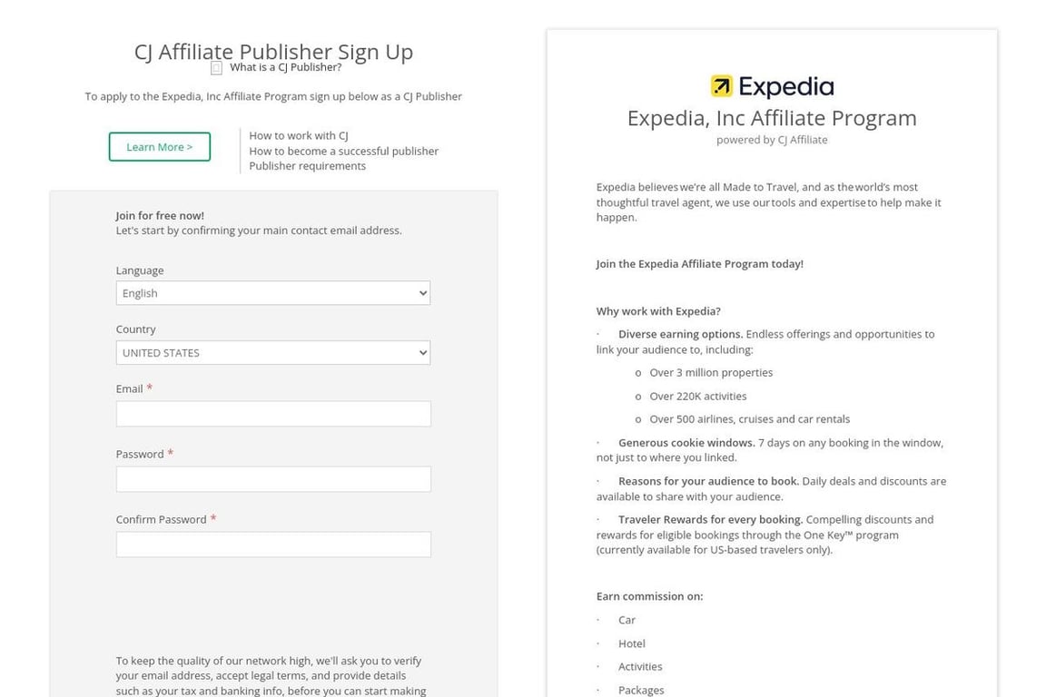 Expedia affiliate program signup page