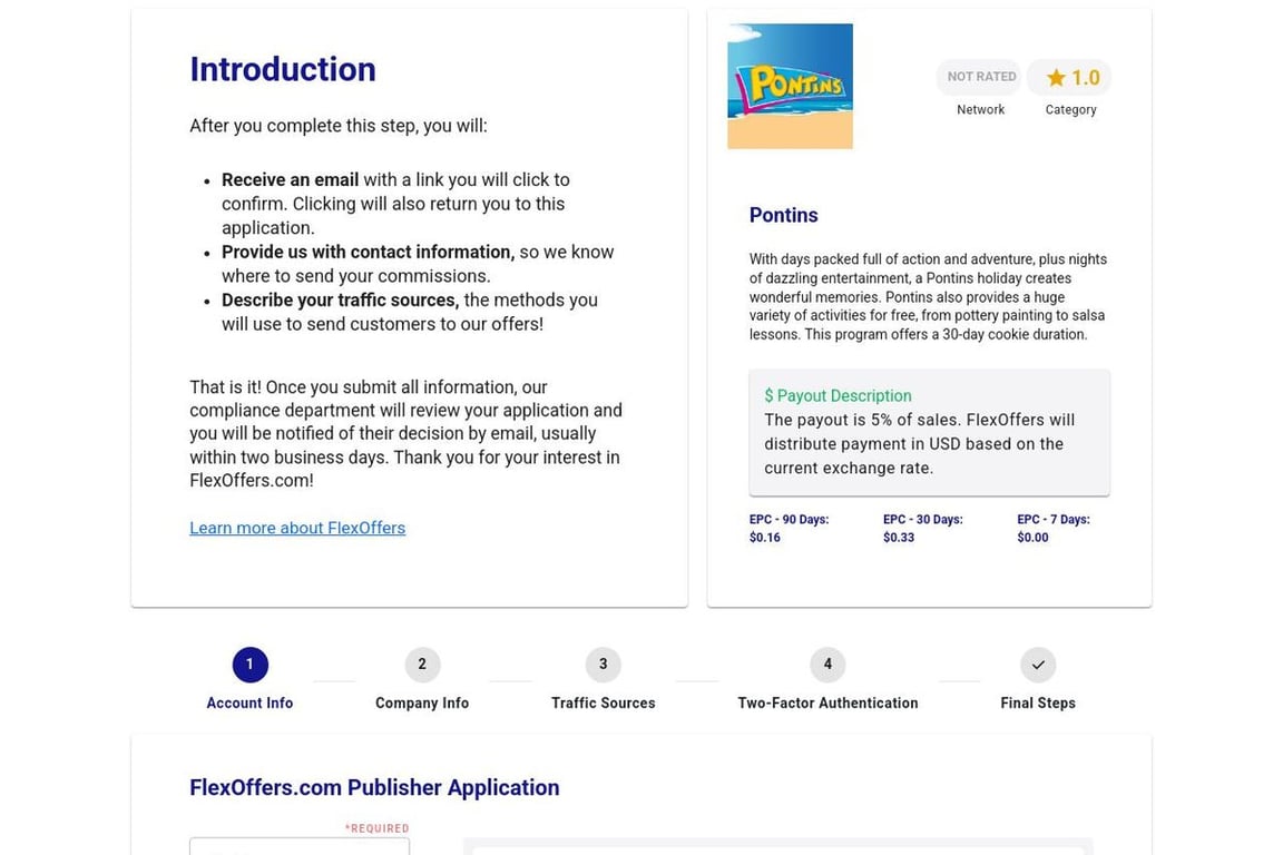 Pontins affiliate program signup page