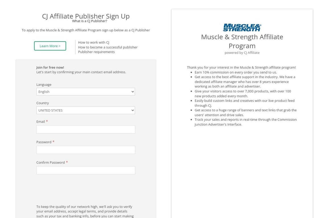 Muscle & Strength affiliate program signup page