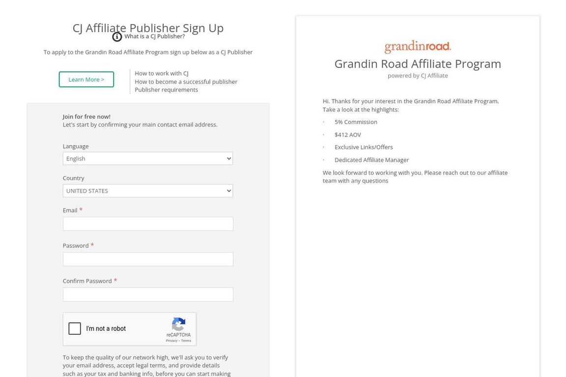 Grandin Road affiliate program signup page