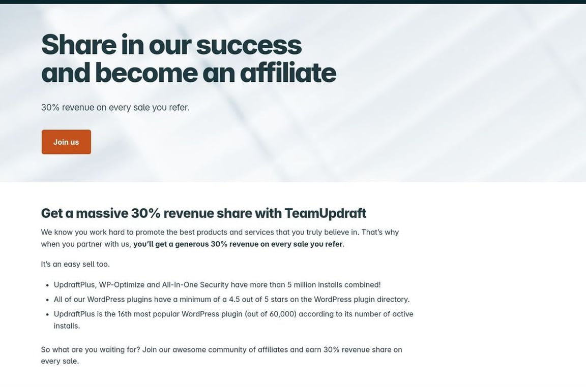 UpdraftPlus affiliate program signup page
