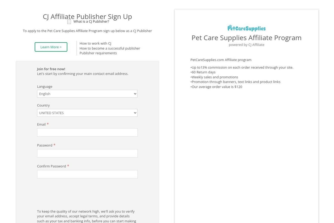 PetCareSupplies.com affiliate program signup page