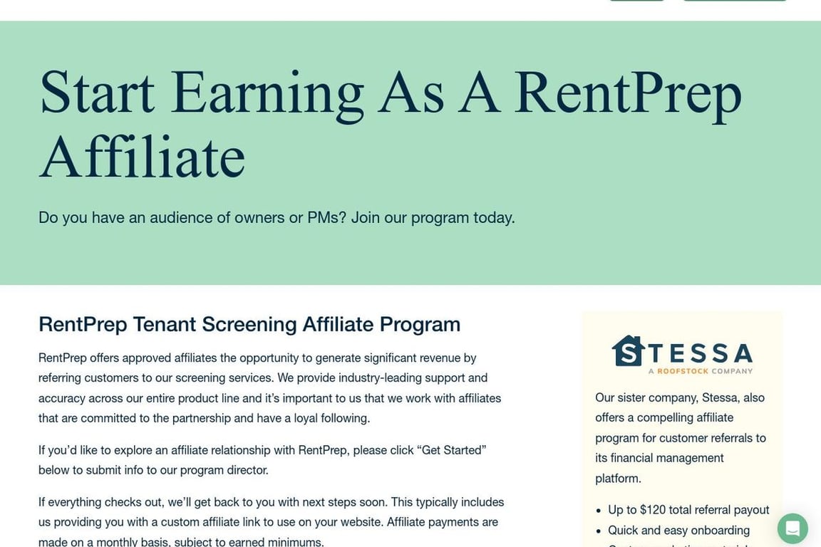 RentPrep affiliate program signup page