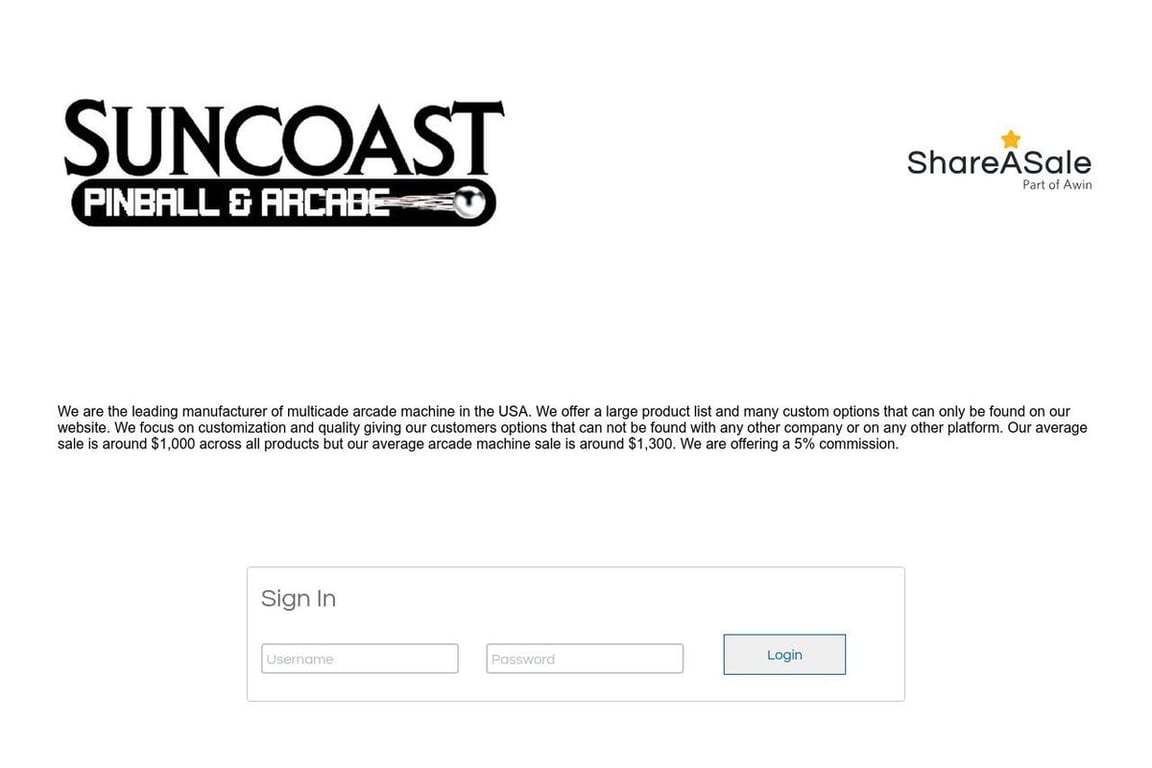 Suncoast Arcade affiliate program signup page