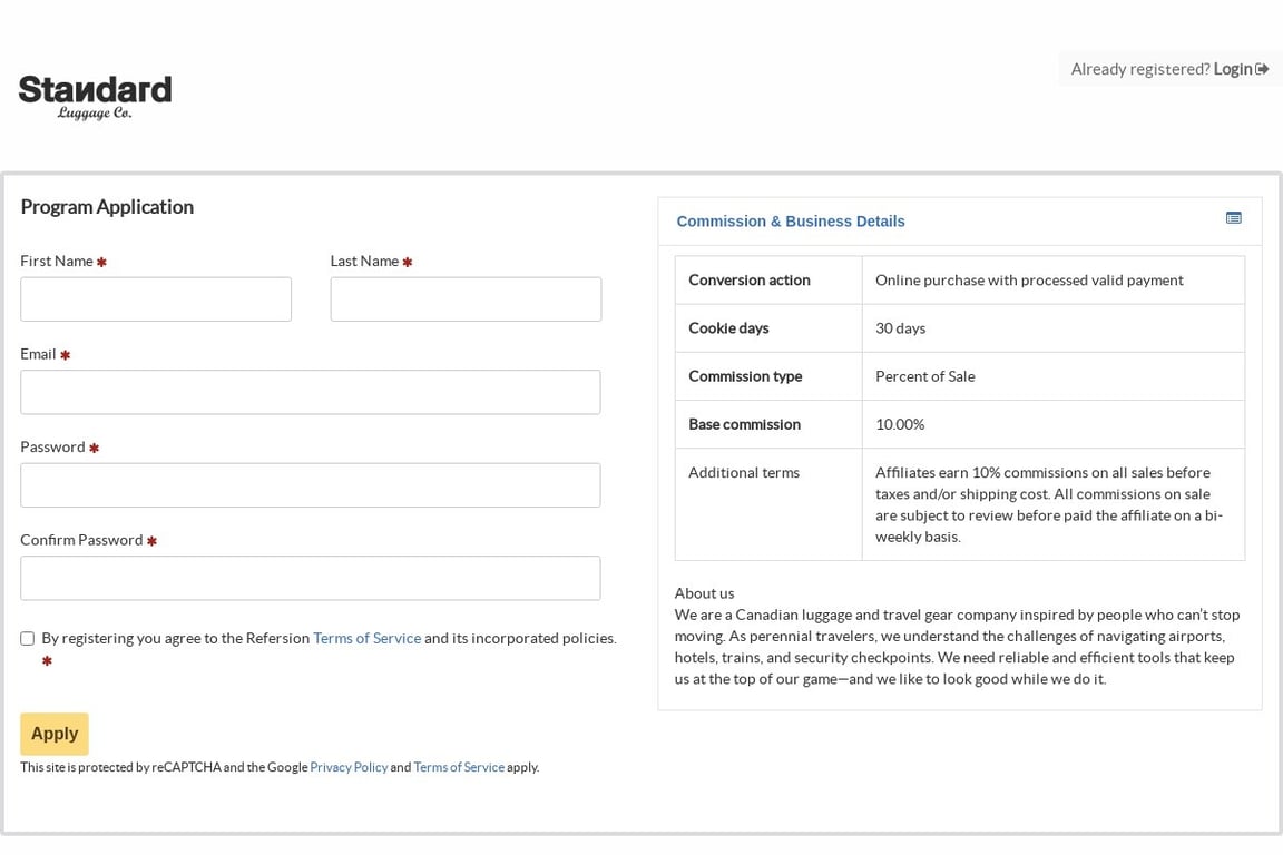 Standard Luggage Co. affiliate program signup page