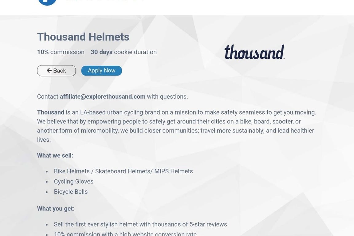 Thousand Helmets affiliate program signup page