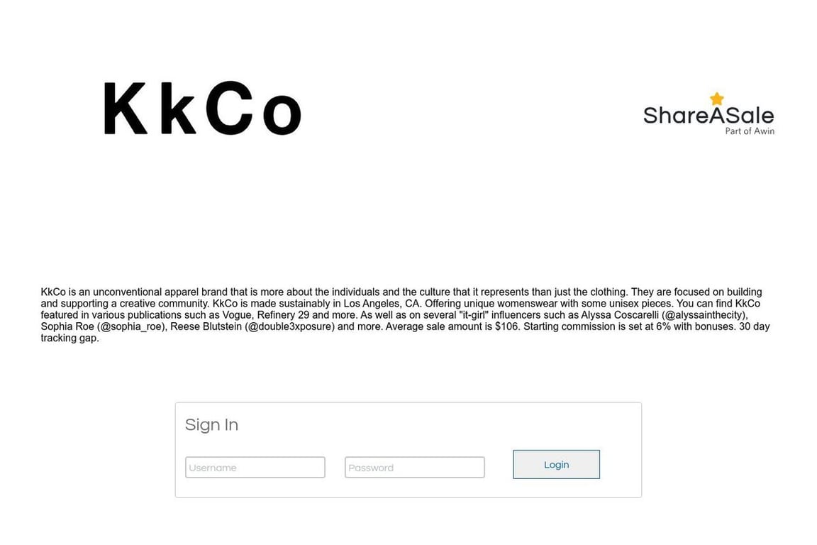 KkCo affiliate program signup page