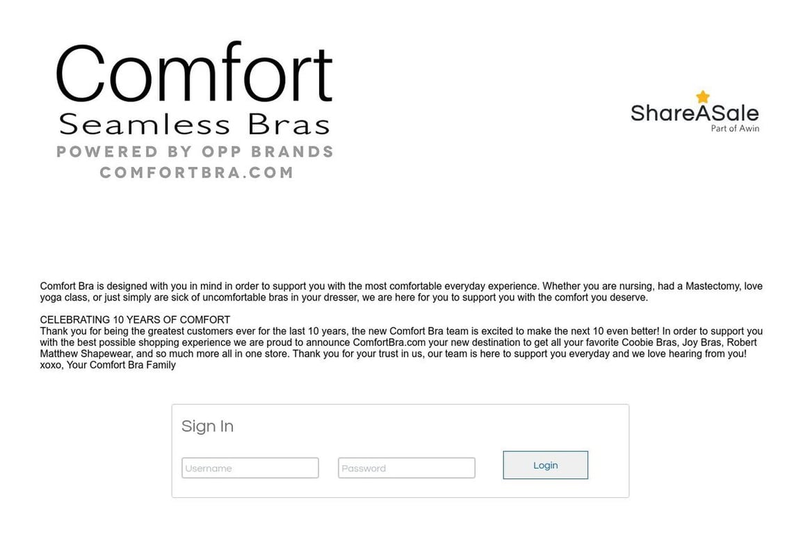 Comfort Bra affiliate program signup page