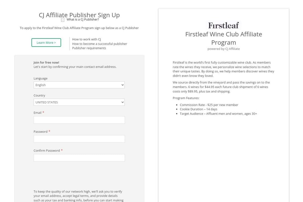 Firstleaf Wine Club affiliate program signup page