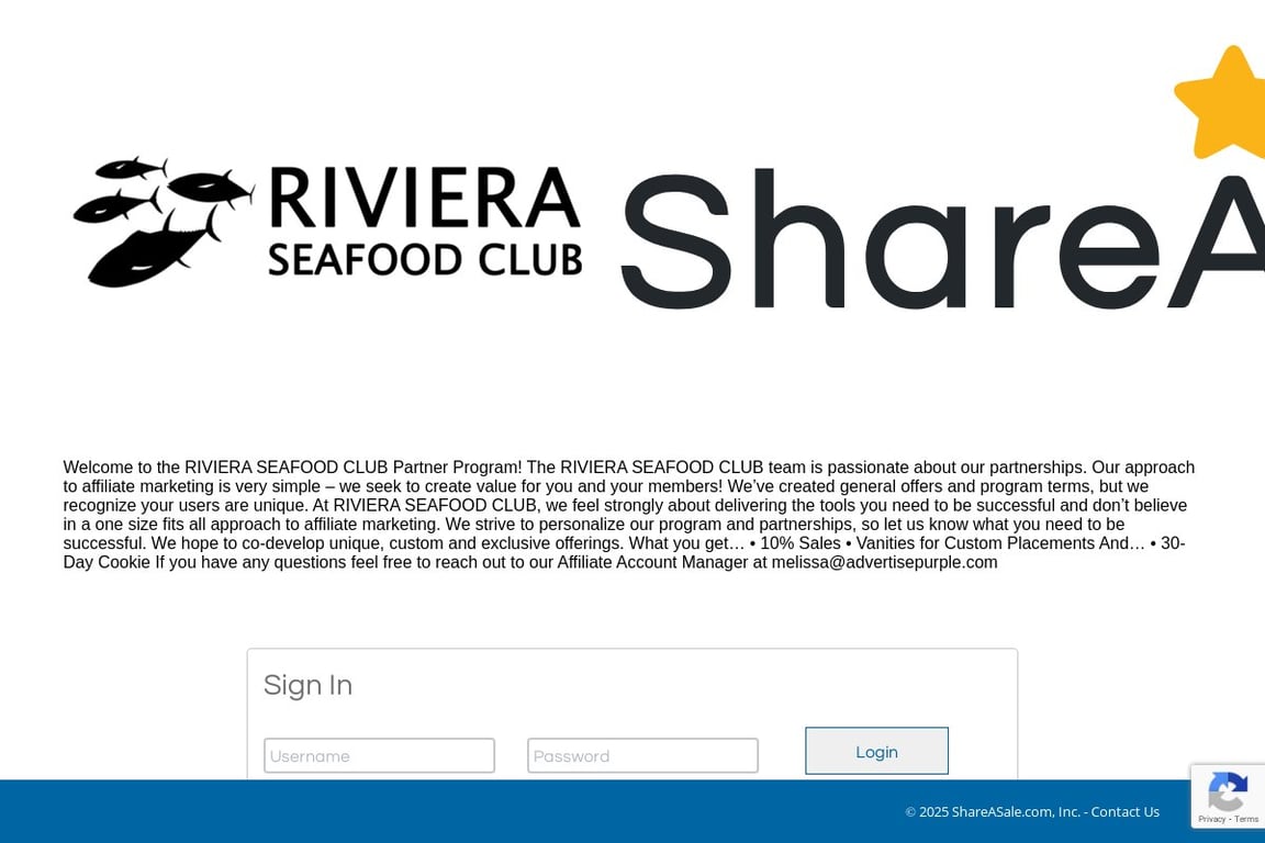 Riviera Seafood Club affiliate program signup page