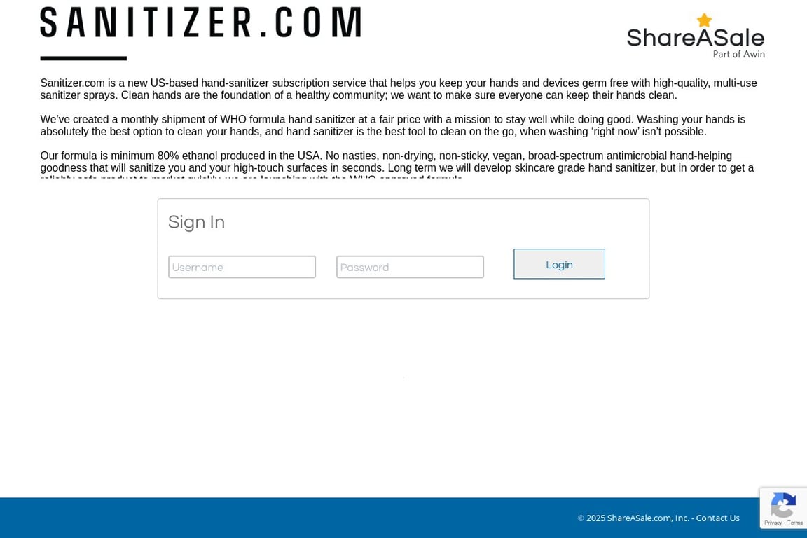Sanitizer Corporation affiliate program signup page