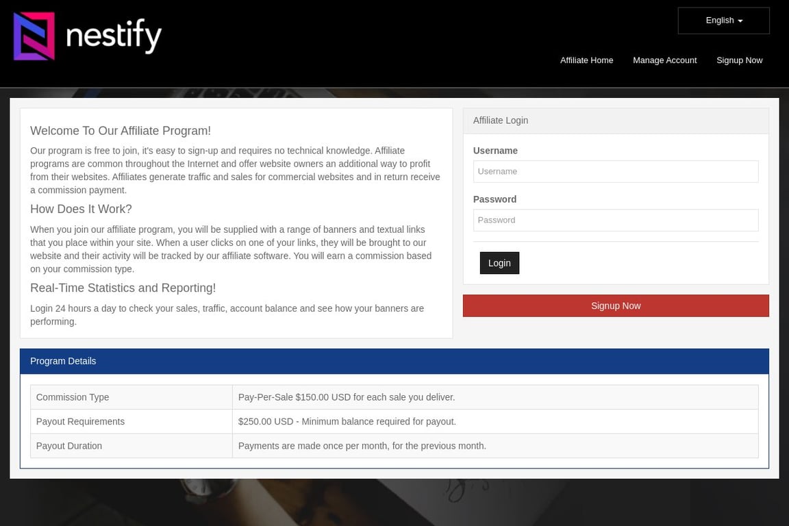 Nestify affiliate program signup page