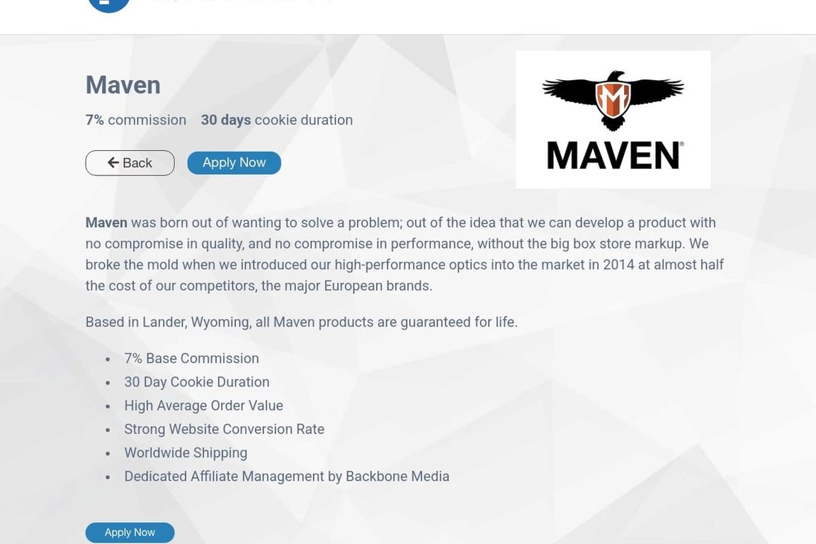 Maven affiliate program signup page
