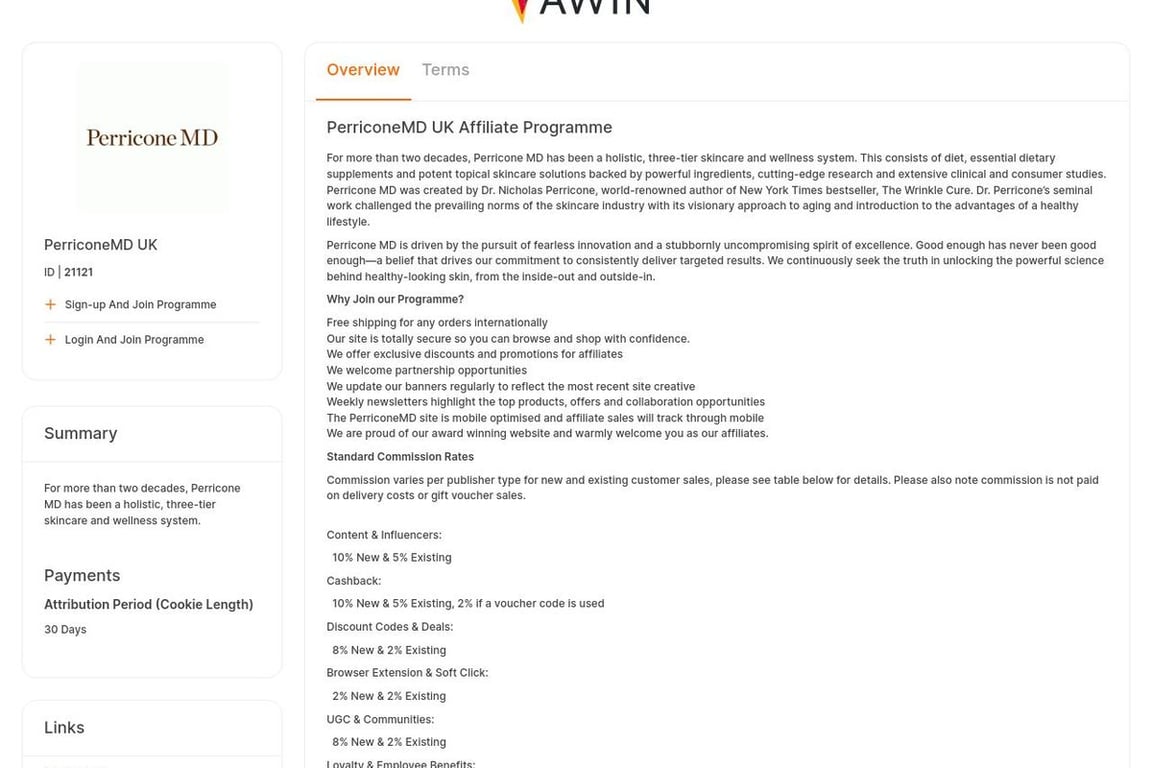 PerriconeMD UK affiliate program signup page