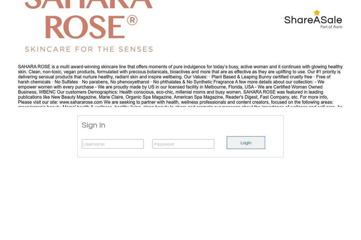 SAHARA ROSE affiliate program signup page