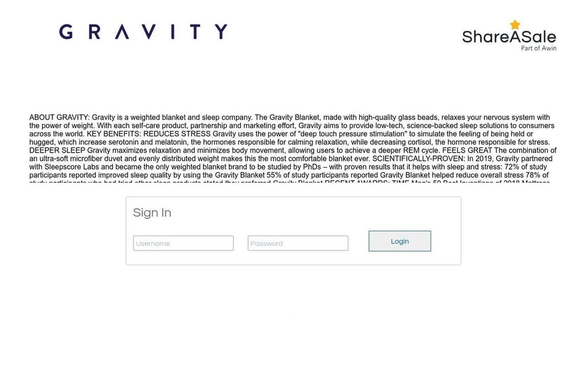Gravity Blankets affiliate program signup page